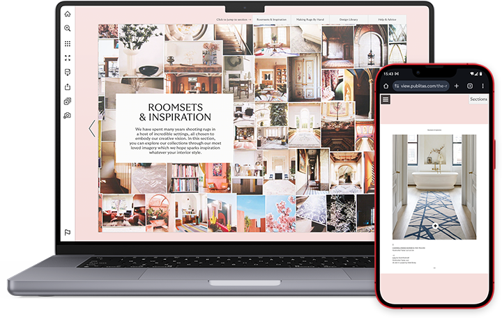 Digital Lookbooks Transform The Rug Company’s Sales Strategy 4 Pages from the Rug Company's digital catalog shown on a laptop and a mobile phone. Mostly pictures of beautiful rugs.