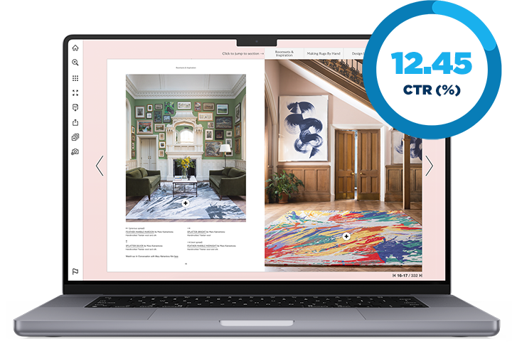 Digital Lookbooks Transform The Rug Company’s Sales Strategy 7 The Rug Company digital catalog displayed on a mac, with a callout showing 12.45% clickthrough rate.