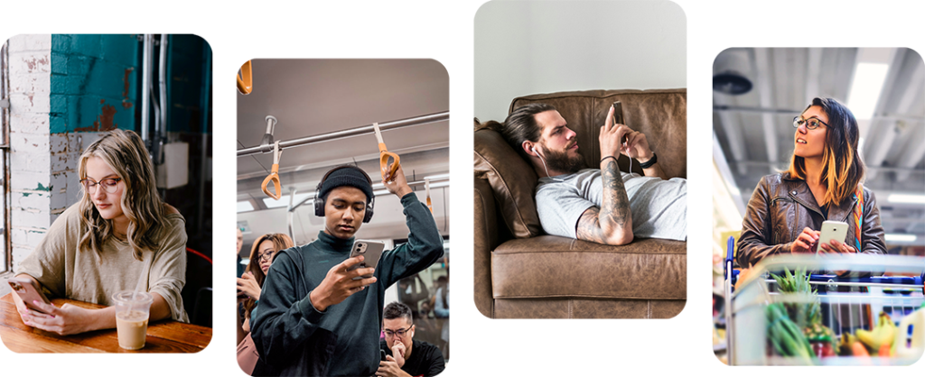 Distribute your catalogs on promo and affiliate portals 2 People reading catalogs on their mobile in various situations. For example a woman in a coffee store, and a man in a Metro.