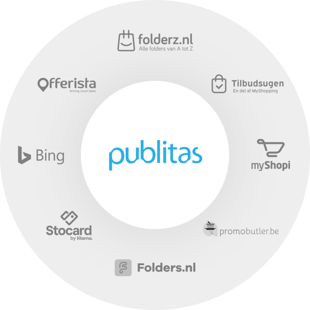 Distribute your catalogs on promo and affiliate portals 1 Publitas distributes catalogs to affiliates such as Folderz.nl, MyShopi, promobutler, Stocard, Bing, and Offerista.