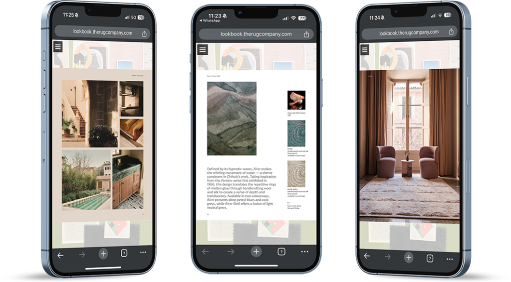 Digital Lookbooks Transform The Rug Company’s Sales Strategy 2 Three phones with pages from the Rug Company's digital catalog displaying various rugs.
