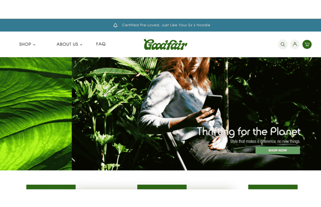 2025’s Top 7 Hottest Shopify Stores and How to Launch Your Own 6 image shows a woman looking at her phone with the text goodfair thrifting for the planet