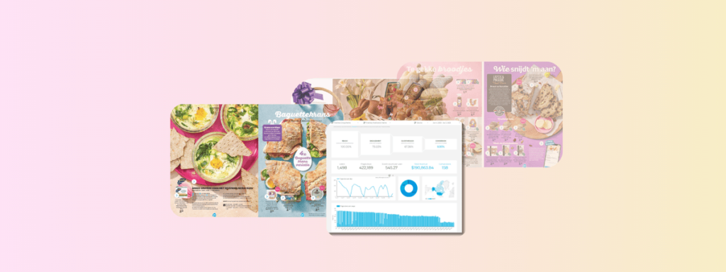 image shows a data dashboard in front of three easter catalogs