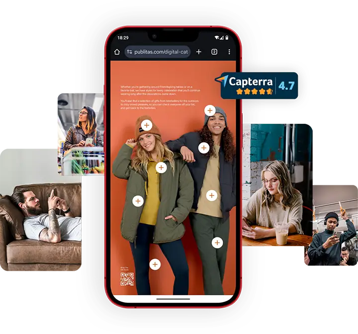 Publitas - Konvertieren mit kaufbaren digitalen Publikationen 1 Digitale Veröffentlichung - Ein Modekatalog, der auf einem Mobiltelefon angezeigt wird. Plus-Symbole zeigen an, dass die Produkte im Katalog anklickbar sind. Um das Telefon herum werden verschiedene Personen angezeigt, die den Katalog lesen.