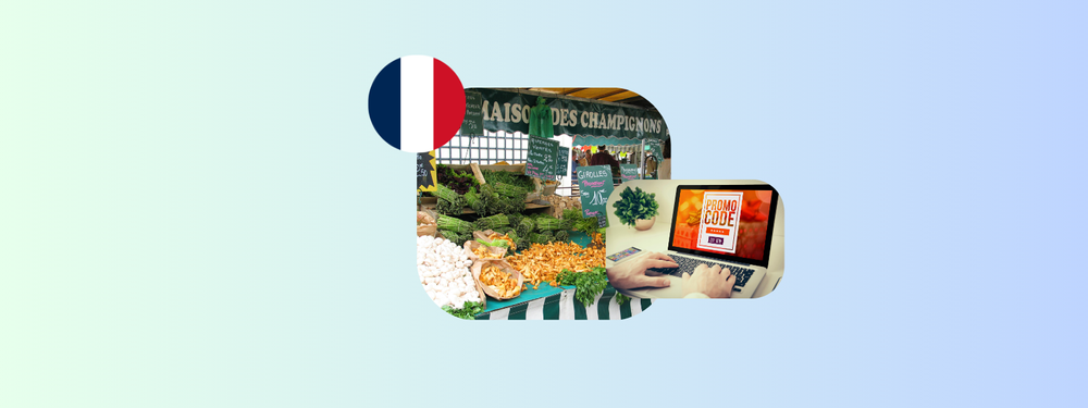 Hände, die einen Laptop mit Werbebotschaften auf dem Bildschirm bedienen. Ein französischer Markt im Freien mit frischen Produkten und Pilzen unter einem Schild mit der Aufschrift "Maison des Champignons"; links ist ein Preisschild mit der französischen Flagge zu sehen.