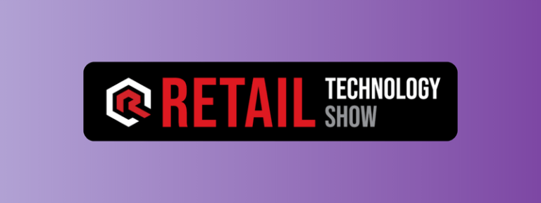Logo for the Retail Technology Show, featuring bold red and white text on a black background with a gradient purple and blue backdrop
