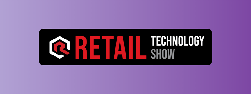 Logo für die Retail Technology Show mit fettgedrucktem roten und weißen Text auf schwarzem Hintergrund mit lila und blauem Farbverlauf