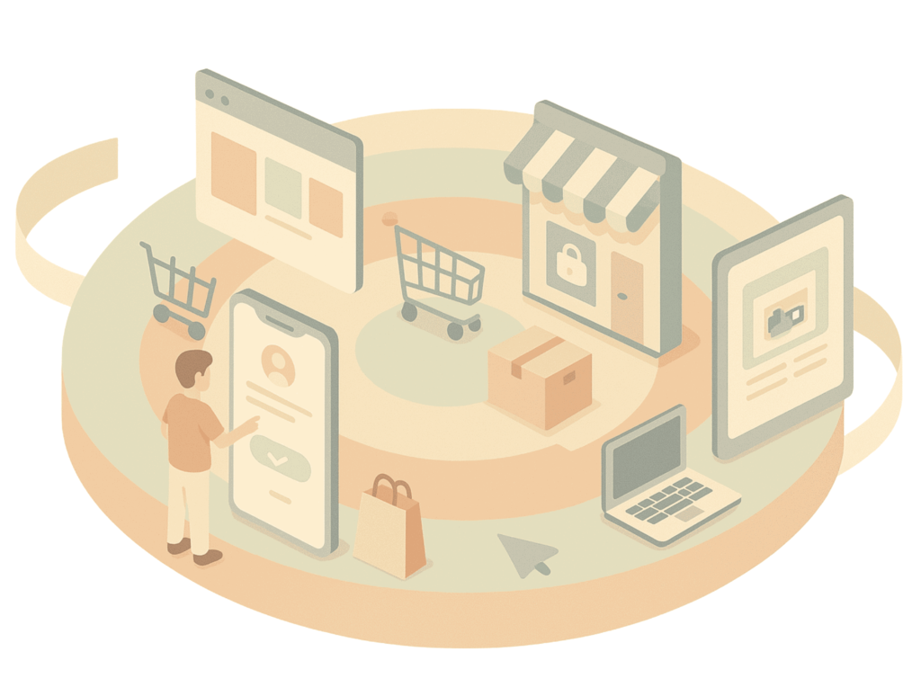 Beyond ROI and ROAS Lies the Power of Return On Ecosystem (ROE) 1 Isometric illustration of a circular retail ecosystem. A person uses a smartphone, surrounded by a storefront, shopping cart, parcel, laptop, browser window, and product display. The design represents omnichannel retail and ecosystem integration.